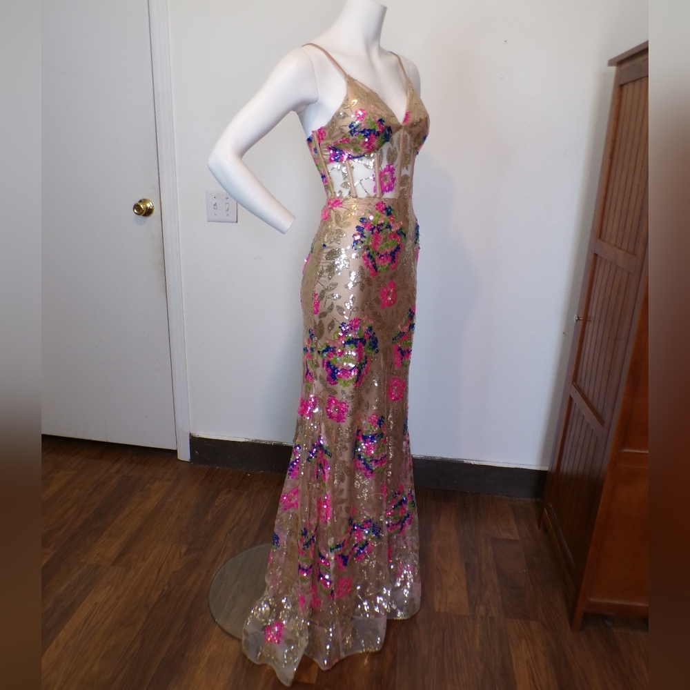 Elegant Gold Sequin Dress with Floral Accents